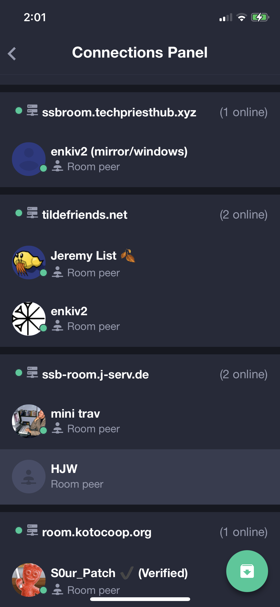 A screenshot of Manyverse showing Habitat connected via the tildefriends room