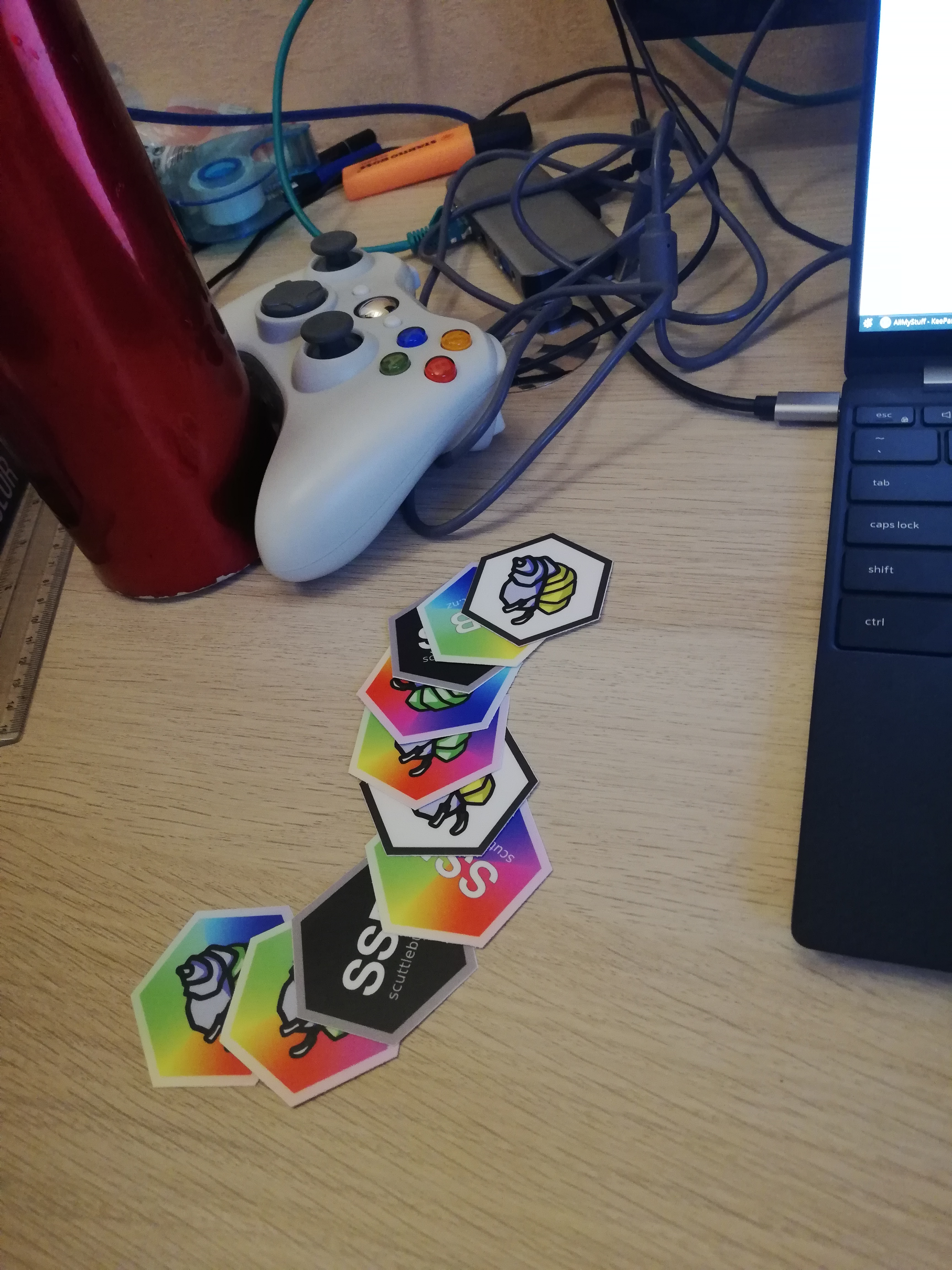 A bunch of beautiful SSB stickers on a desk